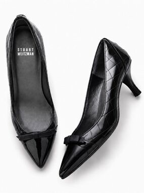 Stuart Weitzman Black Patent Quilted Bow Pointed Toe Pumps 6.5